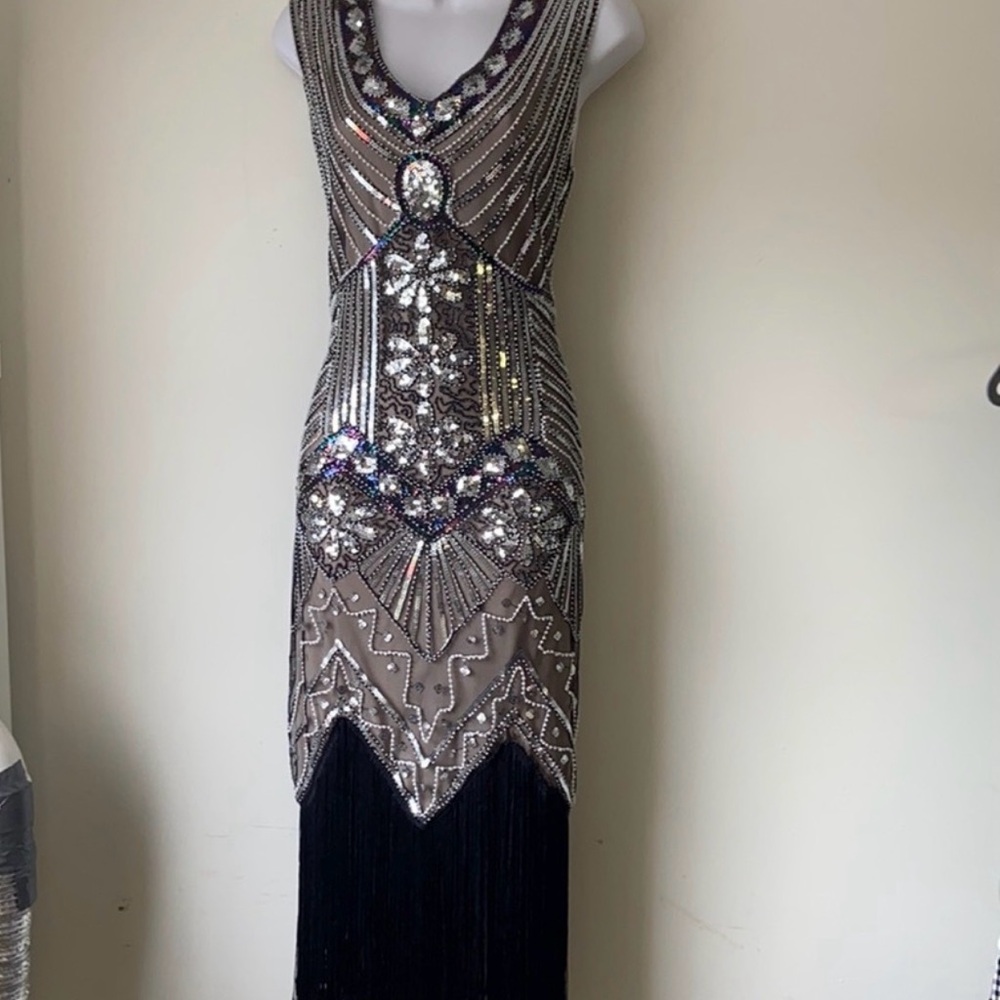 Vintage Style Beaded Sequin Flapper Dress XL Black Fringe Gatsby